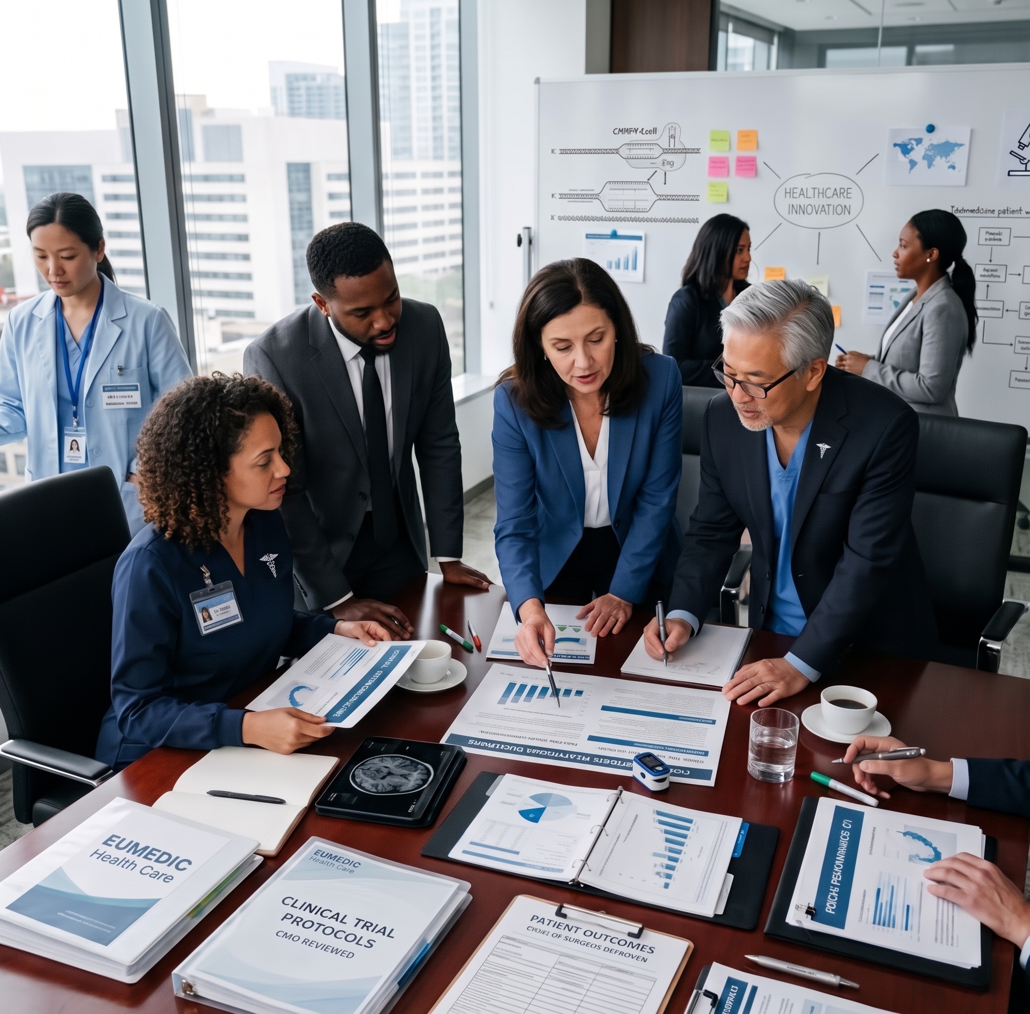 Healthcare business leaders reviewing a growth plan together