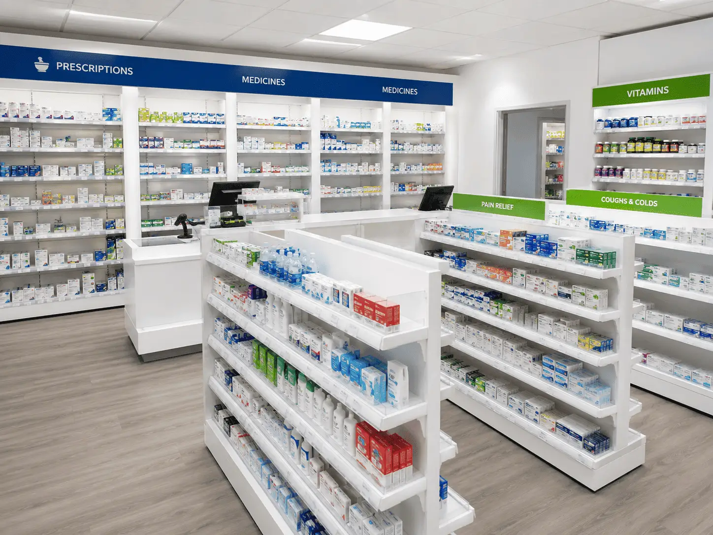Range of healthcare products and medical supplies on shelving