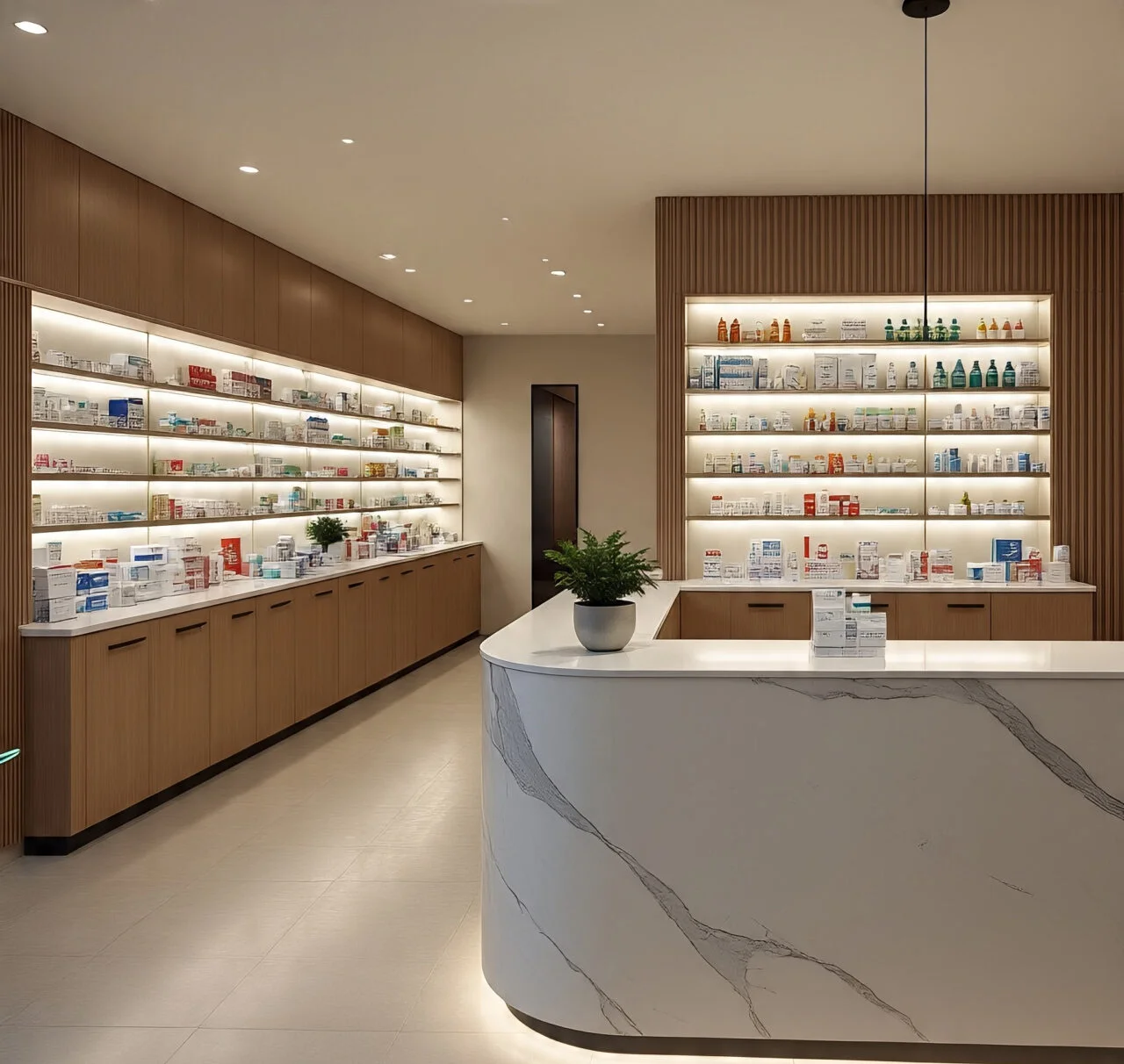 Modern pharmacy interior planned for efficient patient and stock flow